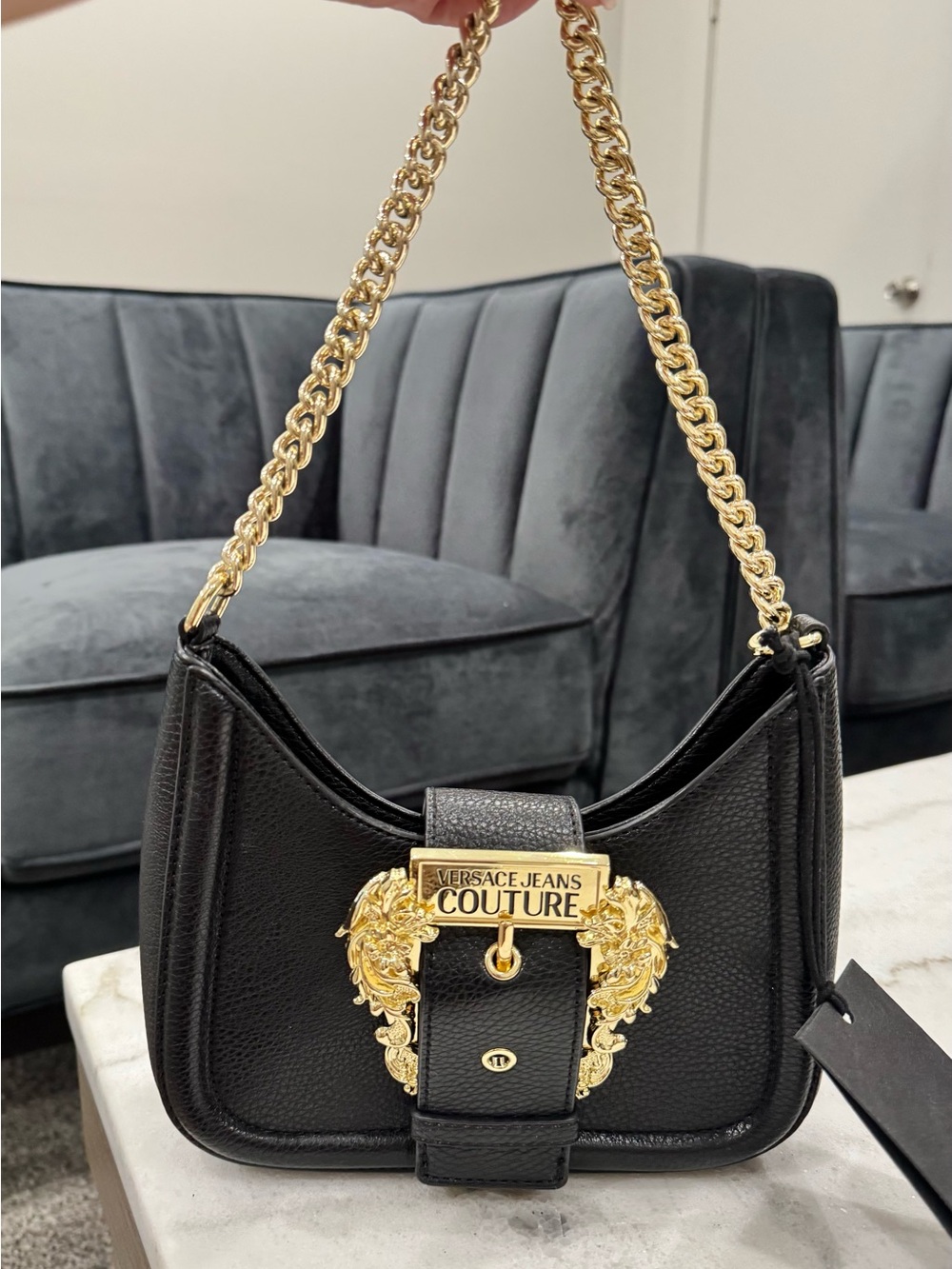 Versace Jeans Collection Black Shoulder Bag with Baroque Gold Hardware